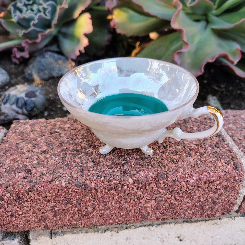 Vintage Del Mar Japan Lustreware Footed Tea Cup 24K Gold Trim Hand Painted